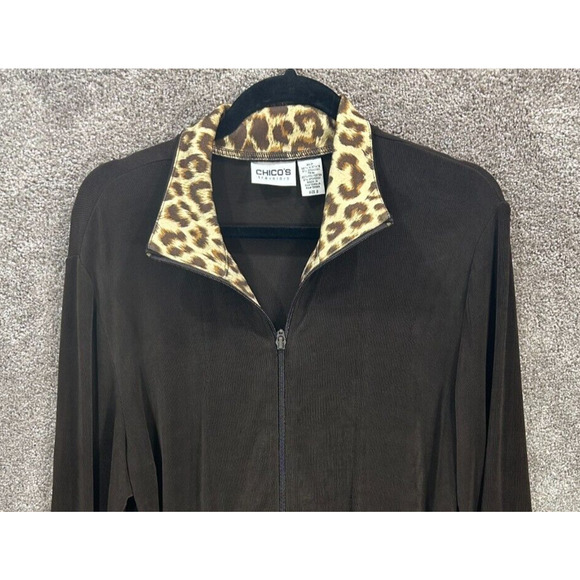 Chicos Travelers Jacket Womens 2 Large 12 Brown Animal Print Acetate Slinky Zip - Picture 3 of 7